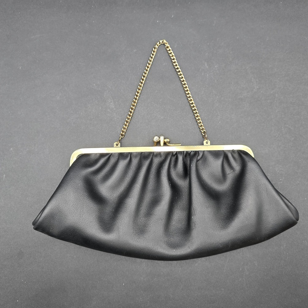 Vintage Black Faux Leather Gathered Clutch Bag Gold Tone Kiss Lock Chain Handle